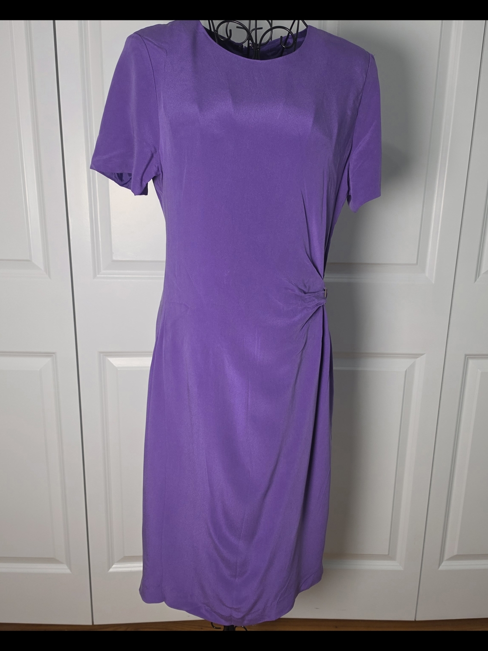 David Warren 100% Silk Purple Sheath Dress Size 10 Side Gather Buckle Midi